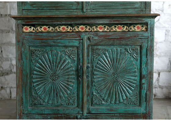 Antique Armoire Hutch Cabinet Teal Blue 4 Doors Carved Statement Armoire 81