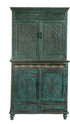 Antique Armoire Hutch Cabinet Teal Blue 4 Doors Carved Statement Armoire 81