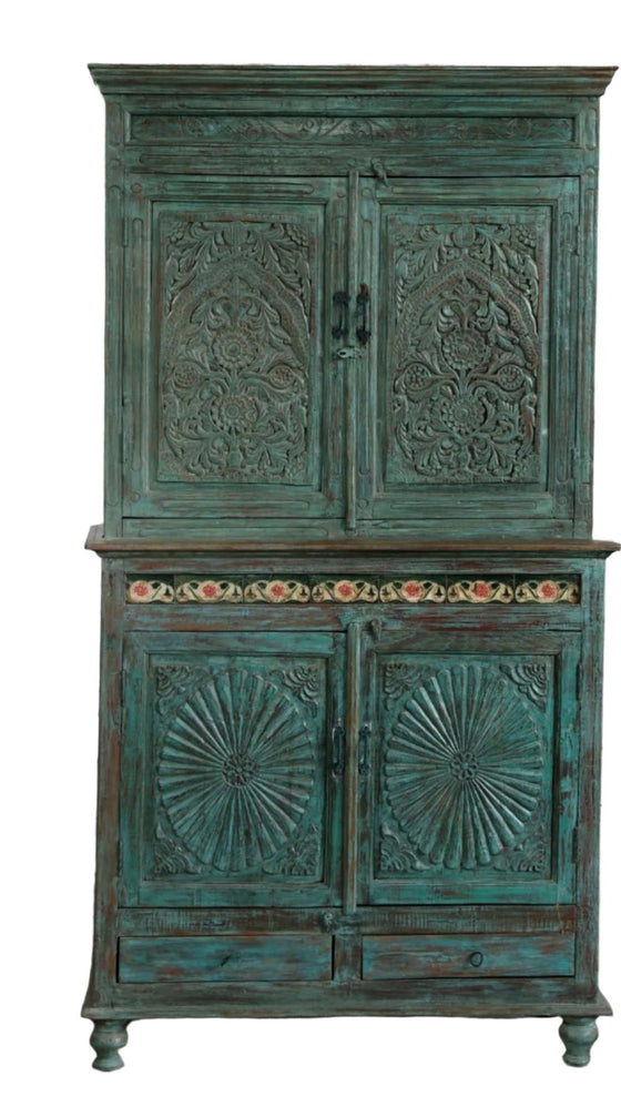 Antique Armoire Hutch Cabinet Teal Blue 4 Doors Carved Statement Armoire 81