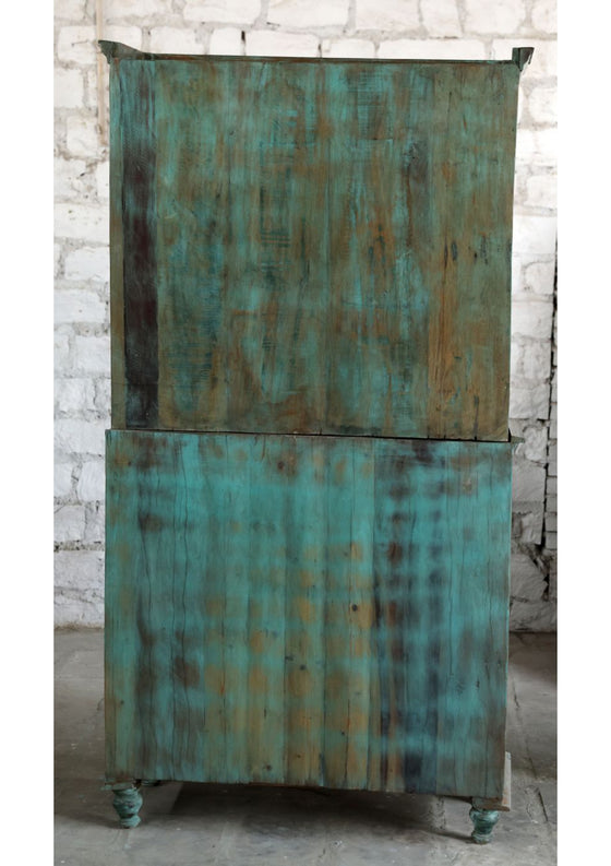 Antique Armoire Hutch Cabinet Teal Blue 4 Doors Carved Statement Armoire 81