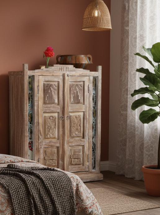 Antique Armoire Carved Boho Tiles Cabinet Rustic Hand Carved Wardrobe 45