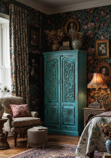  Vintage carved armoire with brass stud in bedroom with maximalist decor  