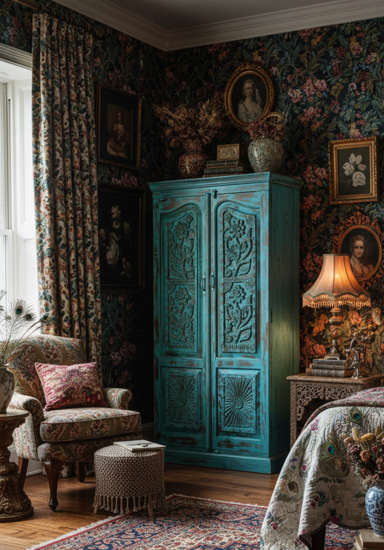 Vintage carved armoire with brass stud in bedroom with maximalist decor  