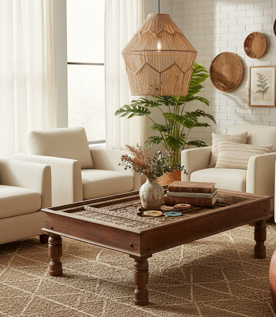 Antique Coffee Table – Repurposed Terrace Window Table Carved Hall Table
