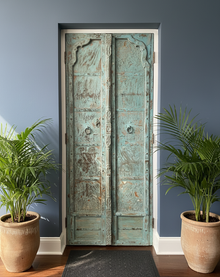  Vintage Indian Teak Wood Double Door Distress Blue Exterior Shutters Door 