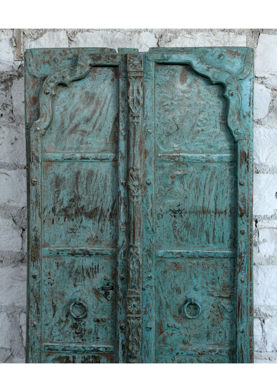 Vintage Indian Teak Double Door Rustic Blue Exterior Shutters 82