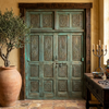 Antique Green Carved Door Teak Wood Double Door Hinged Garden Door 98x69