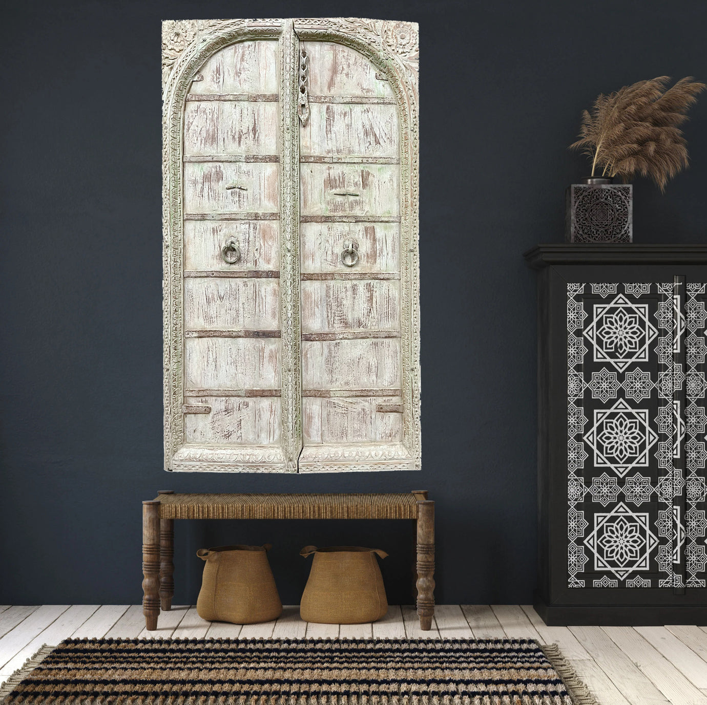 Antique Indian Terrace Window Jharokha Distressed Green Wall Decor 62x37