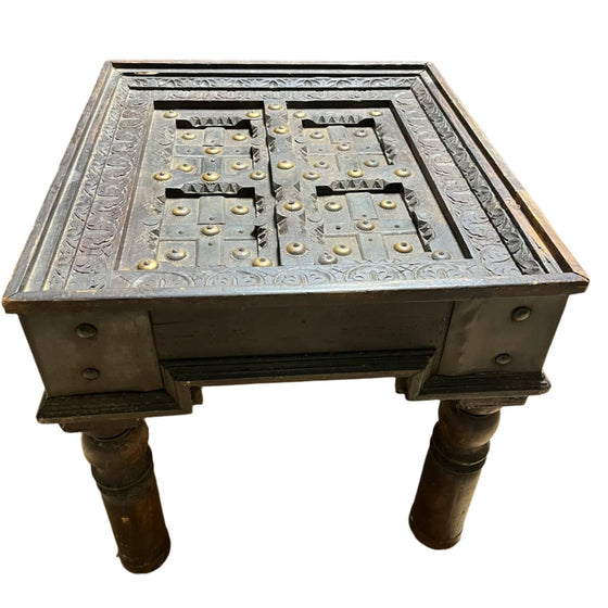 Antique Hand Carved Table Black Accent Brass Studs Old Tea Table