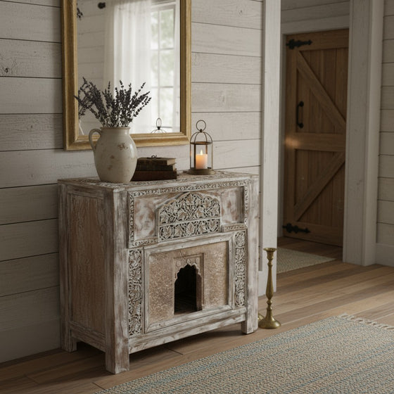 Handcrafted Rustic Bar Console Table Arch Stone Carved Whitewash Table