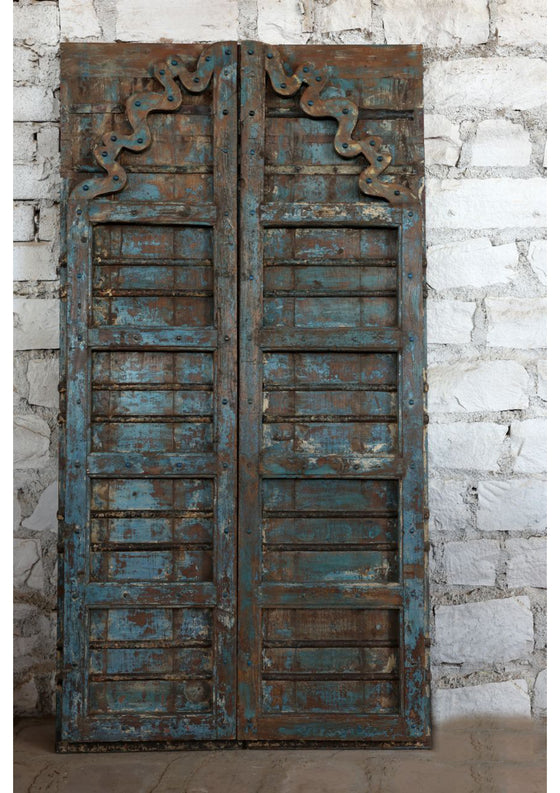 Antique Indian Door Distressed Farmhouse Blue Hand Carved Garden Doors 81