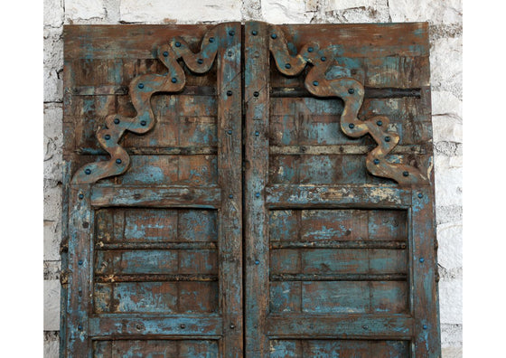 Antique Indian Door Distressed Farmhouse Blue Hand Carved Garden Doors 81