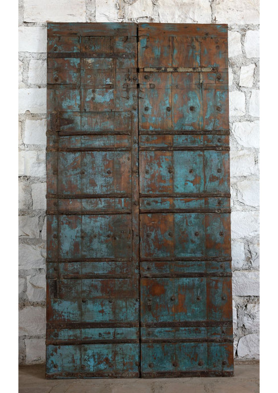 Antique Indian Door Distressed Farmhouse Blue Hand Carved Garden Doors 81