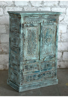  Vintage Blue Cabinet Floral Carved Entryway Accent Furniture 49