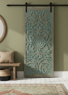 Artistic Carved Door Blue Accents Lotus Barn Door Vintage Doors
