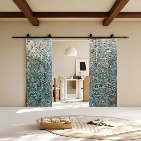 Blue Lotus Mandala Carved Barn Door Rustic Wall Art Headboard