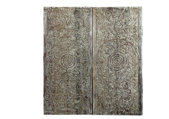 Vintage Carved Barn Door Whitewash Lotus Mandala Door Panel 80x36