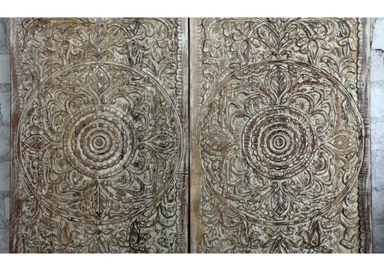 Vintage Carved Barn Door Whitewash Lotus Mandala Door Panel 80x36