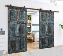  Vintage Distressed Blue Sliding Barn Door Carved Wood Room Divider 80x36