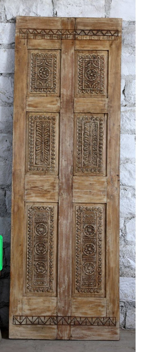 Antique Carved Wood Door Brass Studs Barndoor Hinged Pantry Door 80x27