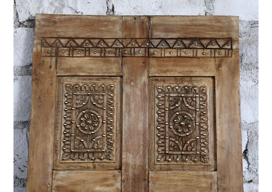 Antique Carved Wood Door Brass Studs Barndoor Hinged Pantry Door 80x27