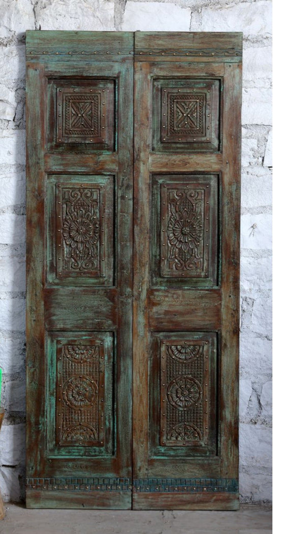 Vintage Carved Door Blue Brass Stud Double Door Sliding Barndoor Interior Door 80x36