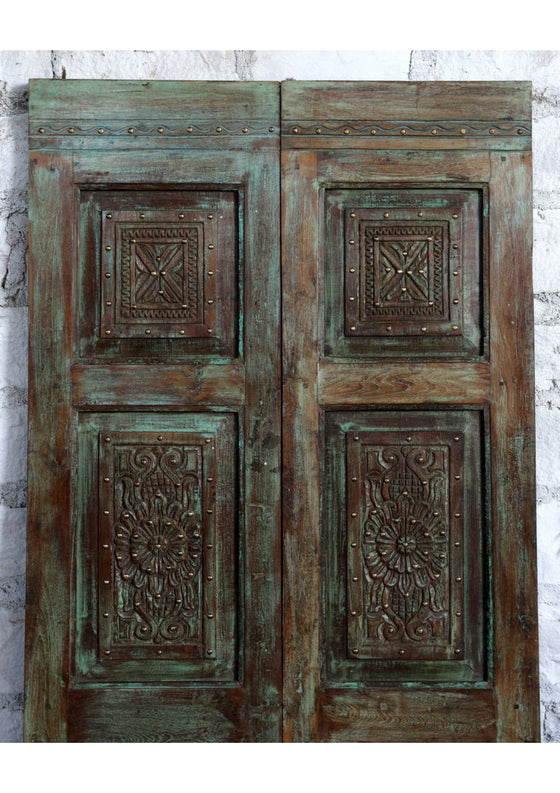 Vintage Blue Carved Doors Brass Studs Double Door Sliding Barndoor 80x36