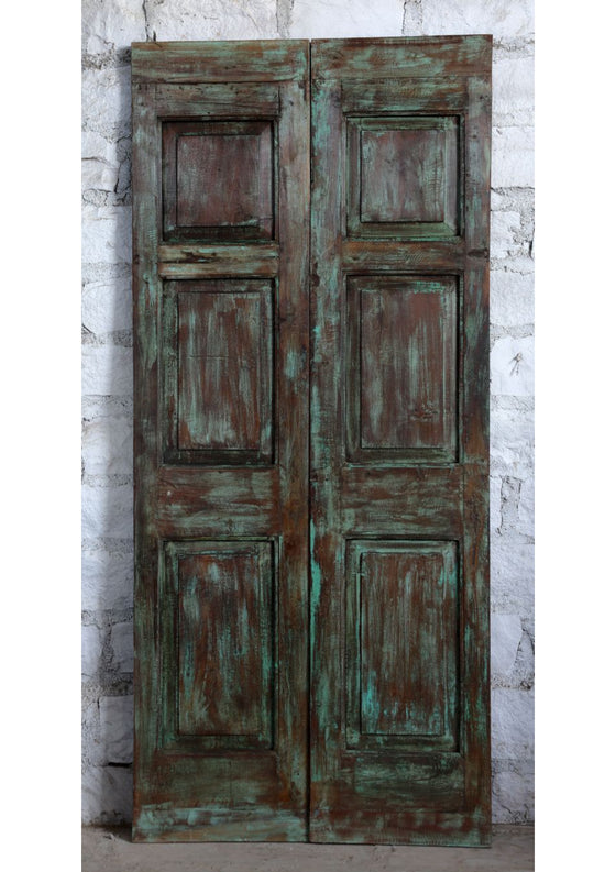 Vintage Blue Carved Doors Brass Studs Double Door Sliding Barndoor 80x36
