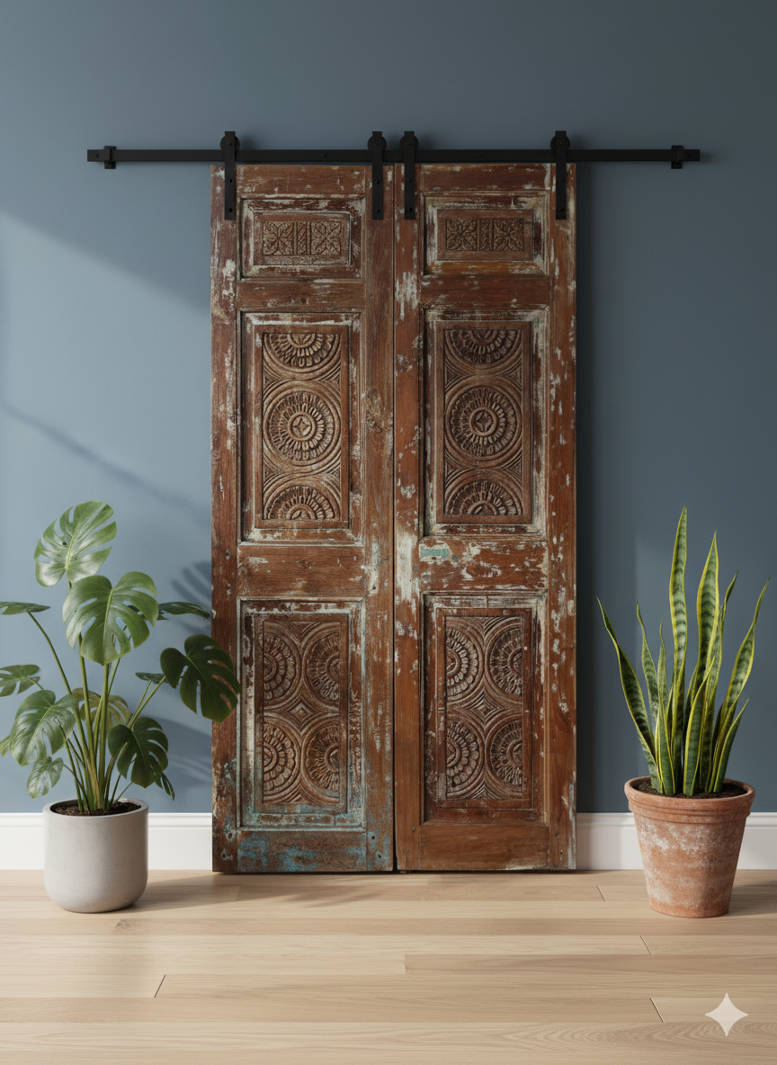 Antique Barn Doors Hand Carved Architectural Indian Double Door 81x42