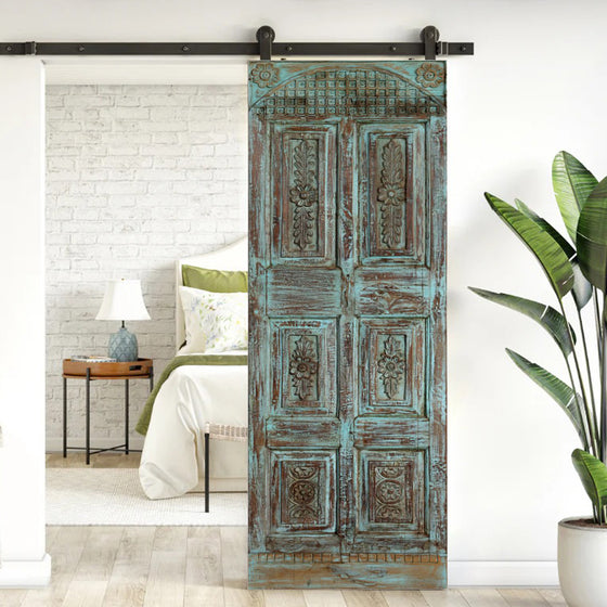 Vintage Carved Door Rustic Farmhouse Blue Sliding Barndoor Panel