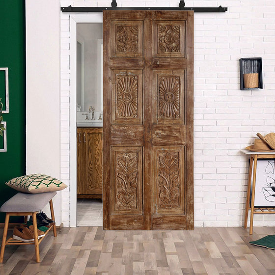 Vintage Carved Door Sun Rays Carved Brown Wood Sliding Barndoor