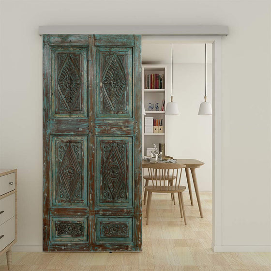 Vintage Carved Door Reclaimed Wood Moody Blue Barn Door 80x38