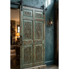 Antique Teal Carved Wooden Door | Indian Geometric Panel