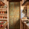 Vintage Carved Double Doors Blue Brass Studs Farmhouse Barndoor 80x35