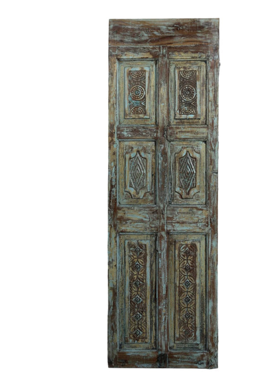Vintage Carved Single Door Wooden Green Hues Sliding Barndoor 80x26