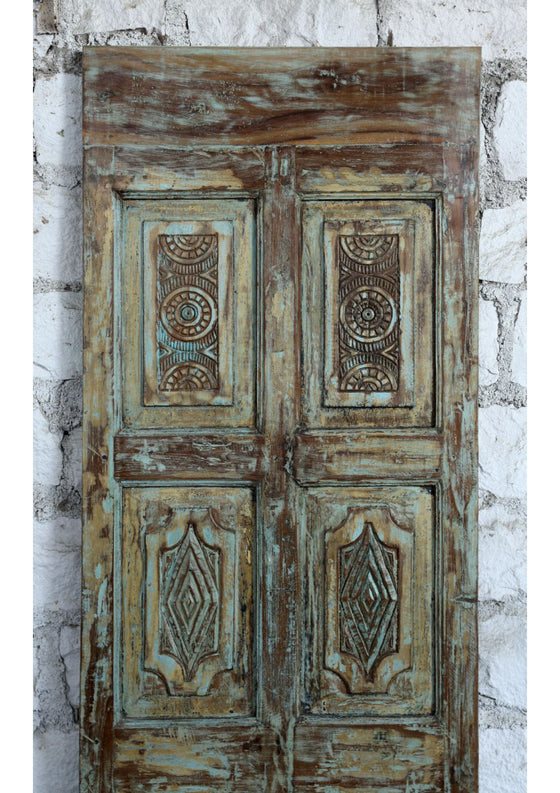 Vintage Carved Single Door Wooden Green Hues Sliding Barndoor 80x26