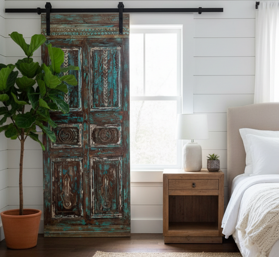 Antique Carved Door Rustic Farmhouse Blue Vintage Barn Door