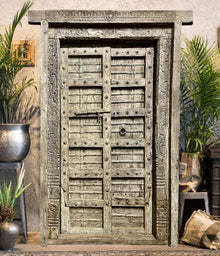  Antique Indian Carved Teak Door – Ornate Architectural Entry Door with Frame 102x60