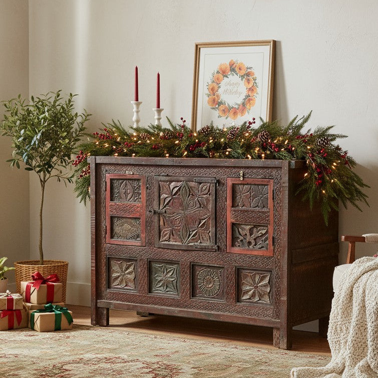  Antique Indian Carved Sideboard Red Brown Eclectic Liquor Bar Chest