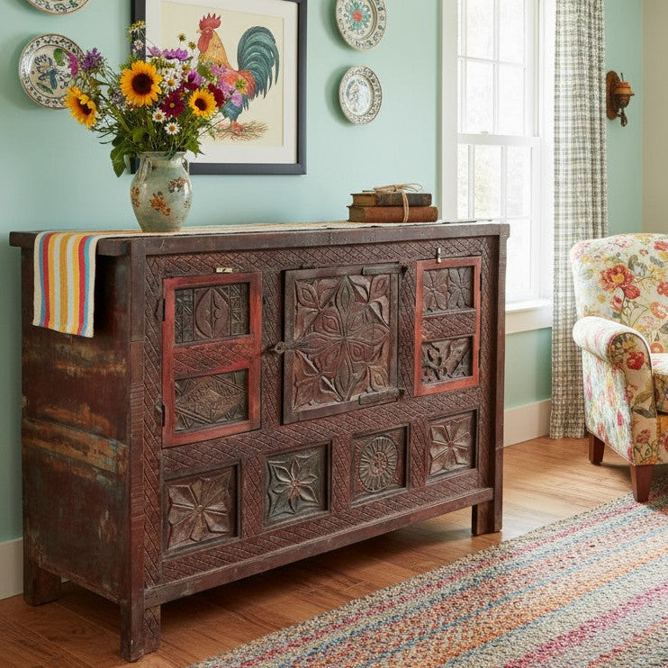 Antique Indian Carved Sideboard Red Brown Eclectic Liquor Bar Chest 53x38