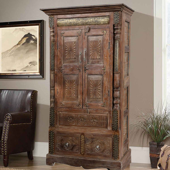 Antique Armoire Storage Cabinet Brass Accents Sunray Carved Armoire 70x39