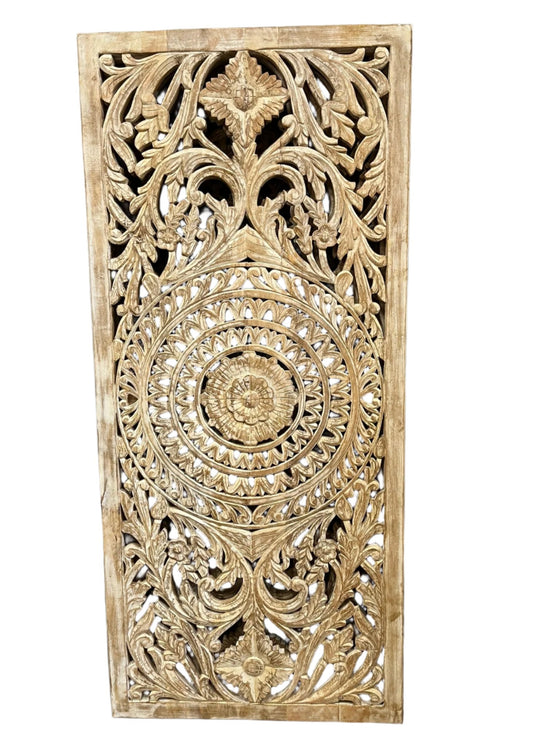 Mandala Lotus Panel Wooden Lattice Carved Vintage Sliding Door, 80