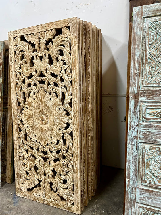 Vintage Wooden Sliding Door Panels with Floral Lattice Carving 80