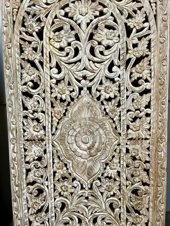 Vintage Floral Lattice Carved Wooden Whitewash Sliding Door Panels 80x36