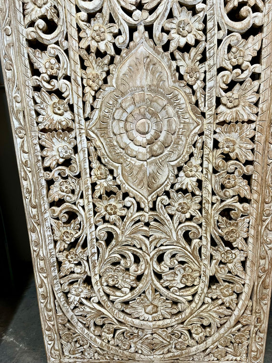 Vintage Floral Lattice Carved Wooden Whitewash Sliding Door Panels 80x36