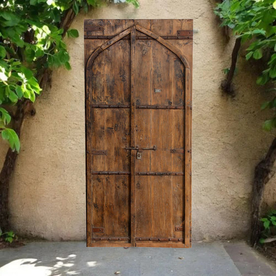 Huge Antique Entry Door Panels Vintage India Teak Arched Doors