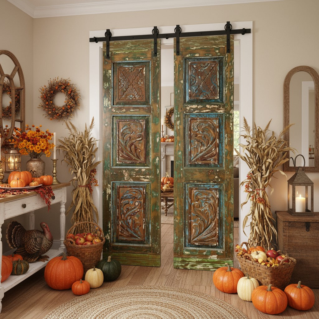  Vintage Double Door Colorful Hues Hand Carved Boho Rustic Barn Door 80x38.5