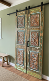 Vintage Double Door Colorful Hues Hand Carved Boho Rustic Barn Door 