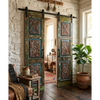 Vintage Double Door Colorful Hues Hand Carved Boho Rustic Barn Door