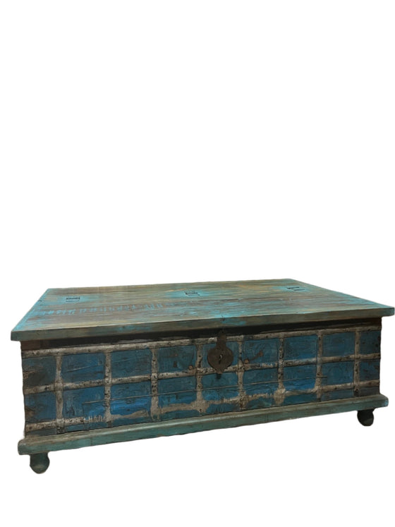 Moody Blue Rustic Bohemian Coffee Table with Storage Blanket Trunk